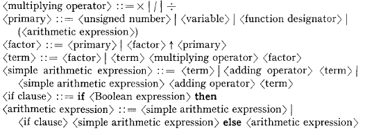 The formal description of the ALGOL 60 arithmetic expressions.